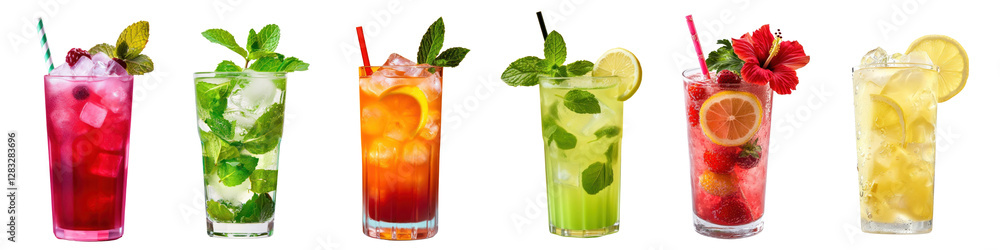 PNG Colorful refreshing summer cocktails lineup, element set on transparent background PNG Colorful refreshing summer cocktails lineup, element set on transparent background