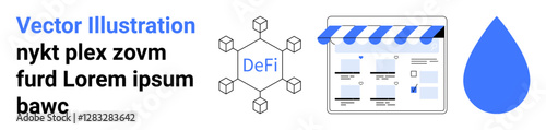 Cryptocurrency and DeFi network connected to a storefront interface with blue water drop icon. Ideal for digital finance, blockchain education, web development, online marketplaces, technology