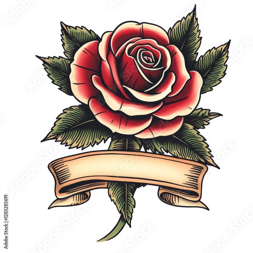 Vintage Rose Design: A classic rose tattoo, adorned with lush green leaves and a flowing banner, evoking feelings of timeless beauty and symbolism. 