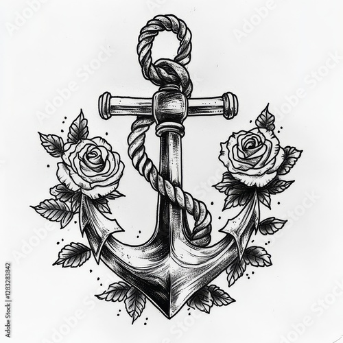 Timeless Anchor Emblem: A detailed illustration of a classic anchor, intertwined with a sturdy rope and complemented by blooming roses, symbolizing stability and enduring beauty.