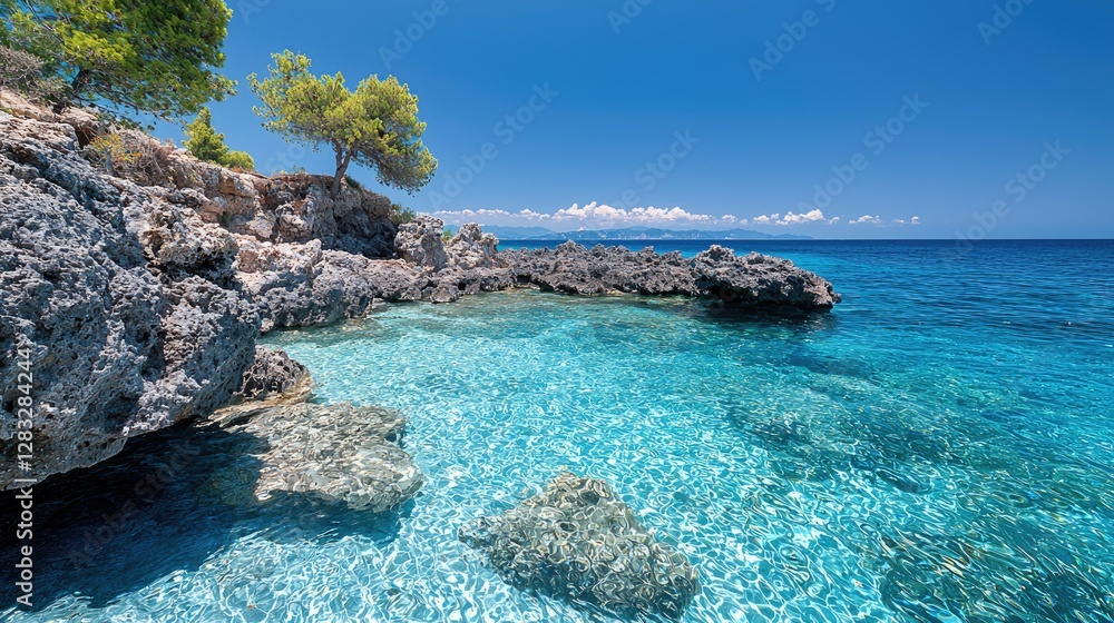 Fototapeta premium Turquoise waters, rocky cove, sunny island. Scenic coastal landscape. Perfect for travel/vacation brochure