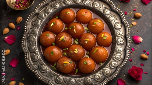 Traditional Indian Dessert Gulab Jamun in Ornate Silver Plate