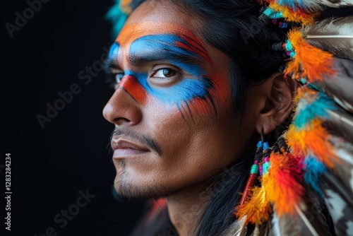 Portrait of a Native American man showcasing vibrant facial paint and traditional headdress photo