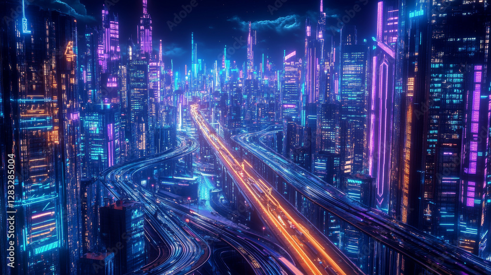 Naklejka premium City of future isometric banner with speed trains riding on bridge with highway roads and glowing buildings around. Futuristic cityscape with neon glow skyscrapers illumination. 3d vector illustration