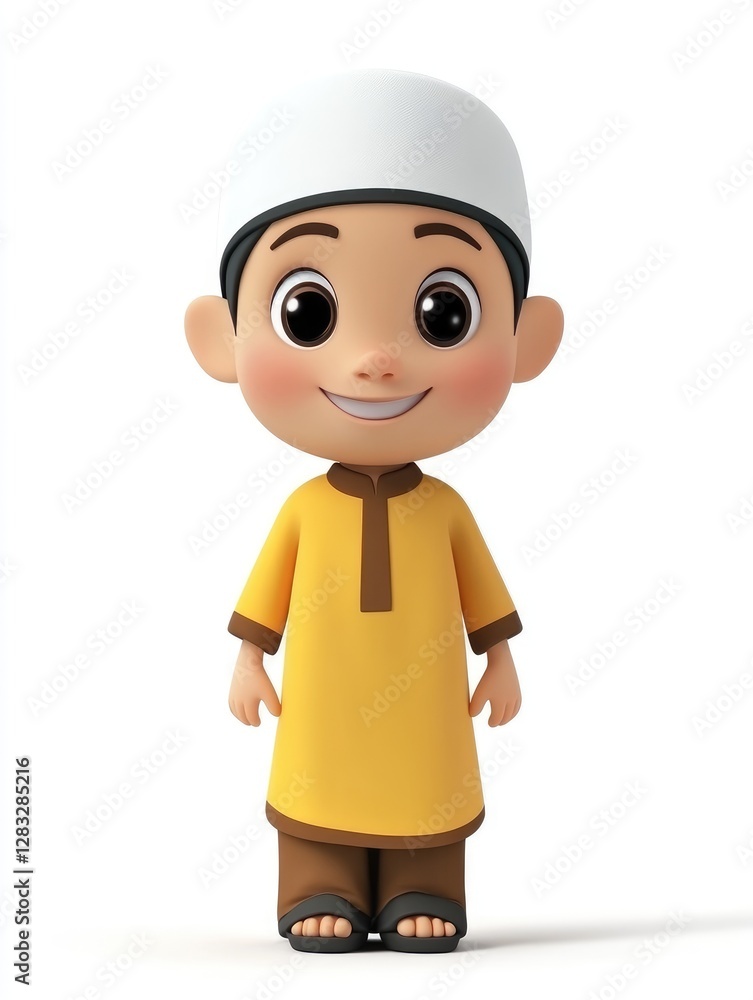 A cute cartoon boy stands wearing yellow and brown clothing