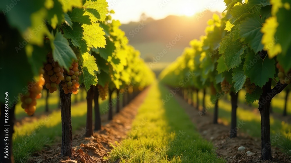 Naklejka premium Golden Hour Vineyard Rows Lush Green Vines with Ripe Grapes Basking in the Sunset's Warm Glow