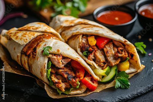 Juicy shawarma in pita bread with vegetables and sauce on a dark background photo