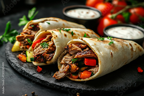 Juicy shawarma in pita bread with vegetables and sauce on a dark background photo