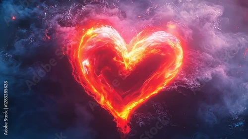 Fiery burning heart animation with smoke a passionate symbol of love and romance perfect for Valentine's Day backgrounds 4K