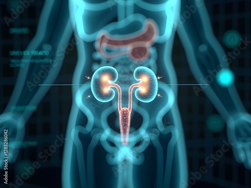 3D medical visualization of urinary system showing glowing blue kidneys, bladder, and ureter, illustrating urological examination and kidney health monitoring concept