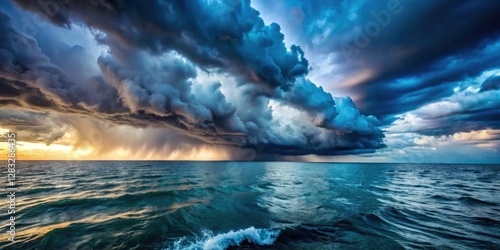 Dark storm clouds loom, a tempestuous seascape unfolds at the horizon; nature's raw power.