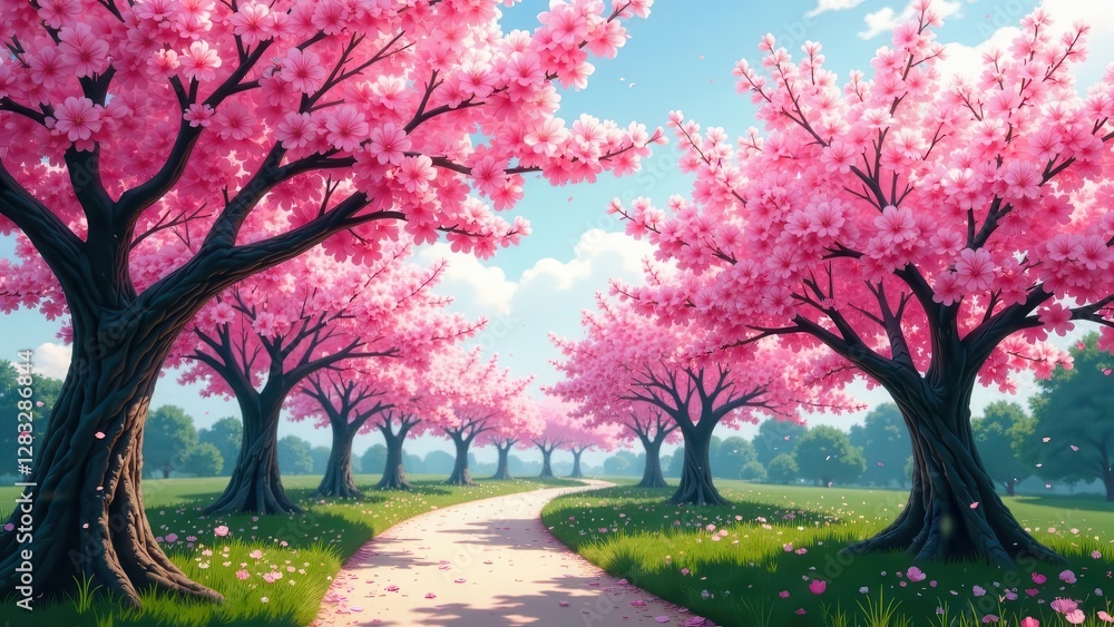 A Serene Pathway Through a Blossoming Pink Tree-Lined Meadow Under a Sunny Sky A Serene Pathway Through a Blossoming Pink Tree-Lined Meadow Under a Sunny Sky