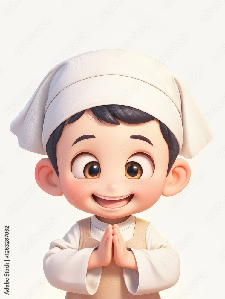 A cartoon boy character offers a warm happy greeting A cartoon boy character offers a warm happy greeting
