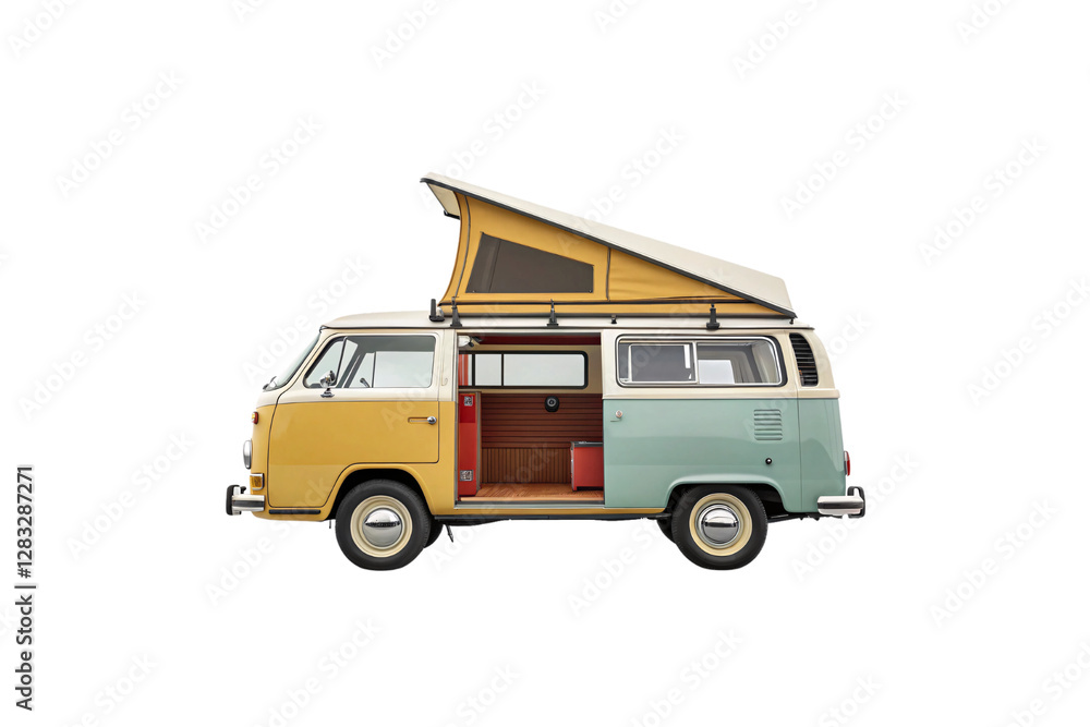 A classic two-tone camper van with a yellow pop-up roof. The open sliding door reveals a cozy wooden interior, evoking a nostalgic, isolated on a transparent background A classic two-tone camper van with a yellow pop-up roof. The open sliding door reveals a cozy wooden interior, evoking a nostalgic, isolated on a transparent background