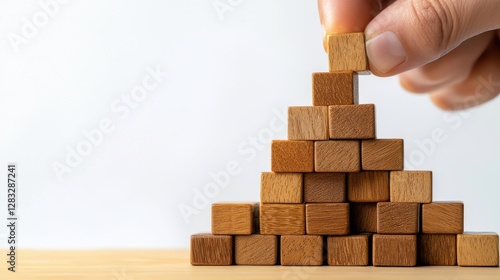 A person is holding a wooden block on top of a stack of wooden blocks