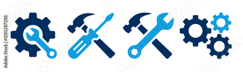Service, repair and tool icons set. Wrench, screwdriver, hammer and gear icon. 