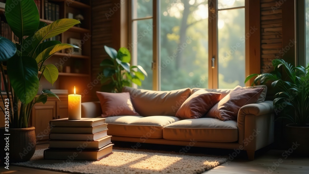 Serene Living Room with Cozy Sofa, Lit Candle, and Stack of Books by Window Serene Living Room with Cozy Sofa, Lit Candle, and Stack of Books by Window