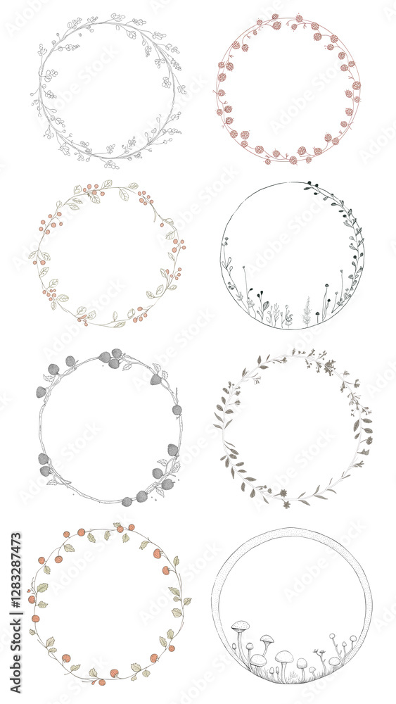 PNG doodle floral round frame element set, transparent background PNG doodle floral round frame element set, transparent background