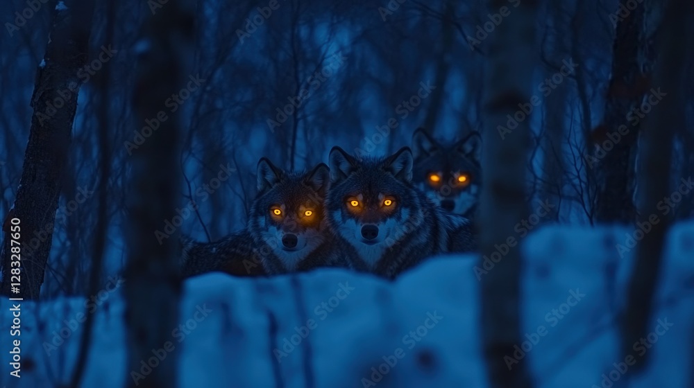Fototapeta premium Mysterious Wolves with Glowing Eyes in Dark Forest at Night