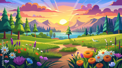 summer landscape with the blossoming meadow, sunrise.panorama