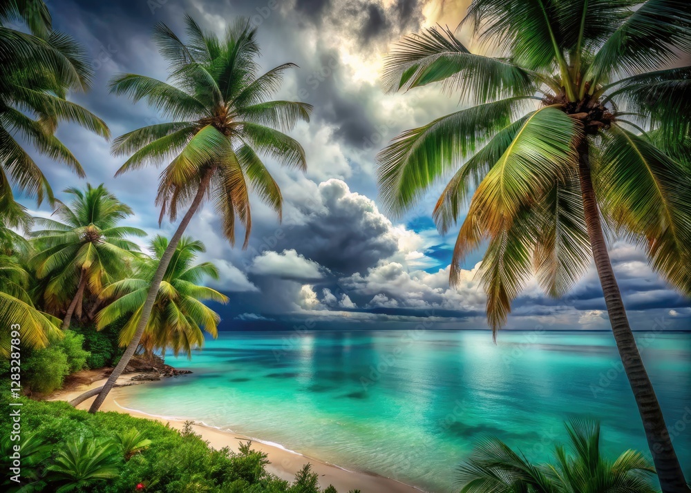 Dreamy tropical beach: cloudy skies, vibrant palms, and a serene ocean's embrace. Dreamy tropical beach: cloudy skies, vibrant palms, and a serene ocean's embrace.