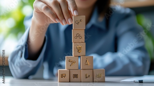 A woman is holding a stack of wooden blocks with various symbols on them