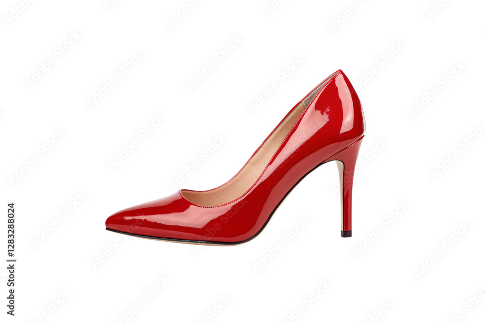 A glossy red stiletto pump with a pointed toe, sleek curves, and a beige interior, exuding elegance and bold femininity, isolated on a transparent background A glossy red stiletto pump with a pointed toe, sleek curves, and a beige interior, exuding elegance and bold femininity, isolated on a transparent background
