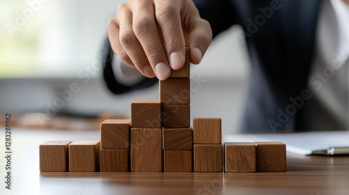 A person is stacking wooden blocks on top of each other