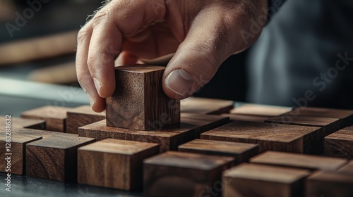 A hand is holding a wooden block in front of a pile of wooden blocks