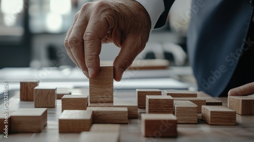 A man is holding a wooden block and placing it on top of another block