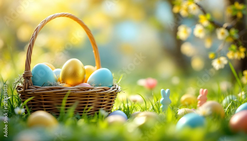 Colored or decorated Easter eggs in the basket and Easter Bunnies on the green grass under blooming spring bushes.