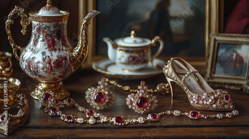 Luxury items gold jewelry necklace and earrings with ruby gemstones on mannequin, female shoe, tea-set on four persons teapot and cups, elegant vase and pictures cartoon vector illustration, icons set