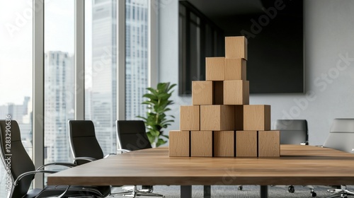 A stack of wooden boxes is on top of a wooden table in a room with a large windo photo