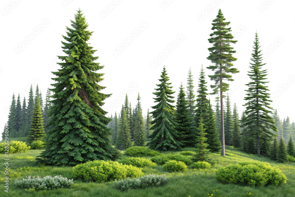 Tall pine trees tower over a vibrant green landscape, filled with lush bushes and wild grasses, evoking a peaceful and untouched wilderness, isolated on a transparent background Tall pine trees tower over a vibrant green landscape, filled with lush bushes and wild grasses, evoking a peaceful and untouched wilderness, isolated on a transparent background