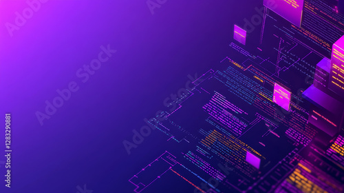 Hackathon isometric landing page. 3d typography with binary code on purple neon colored background. Computer software development, coding, adaptive layout, work with data concept, vector web banner