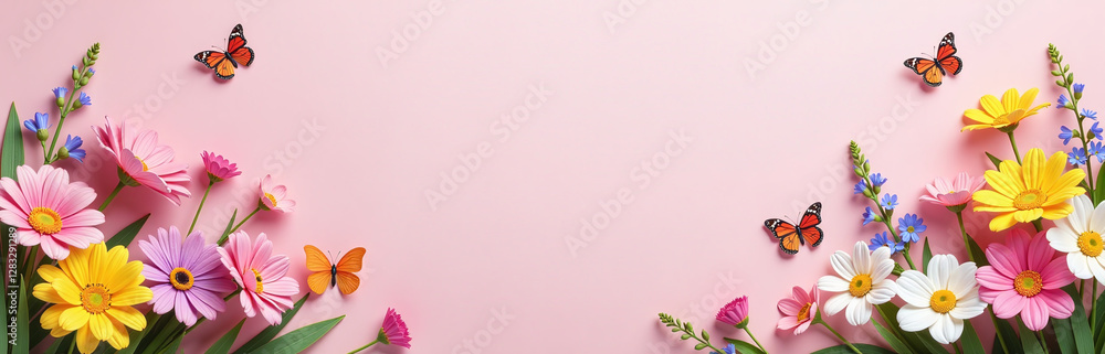 Vibrant Spring And Summer Flowers And Colorful Butterflies Adorn A Pastel Pink Banner With A Cheerful Holiday Vibe. 00001 Vibrant Spring And Summer Flowers And Colorful Butterflies Adorn A Pastel Pink Banner With A Cheerful Holiday Vibe. 00001