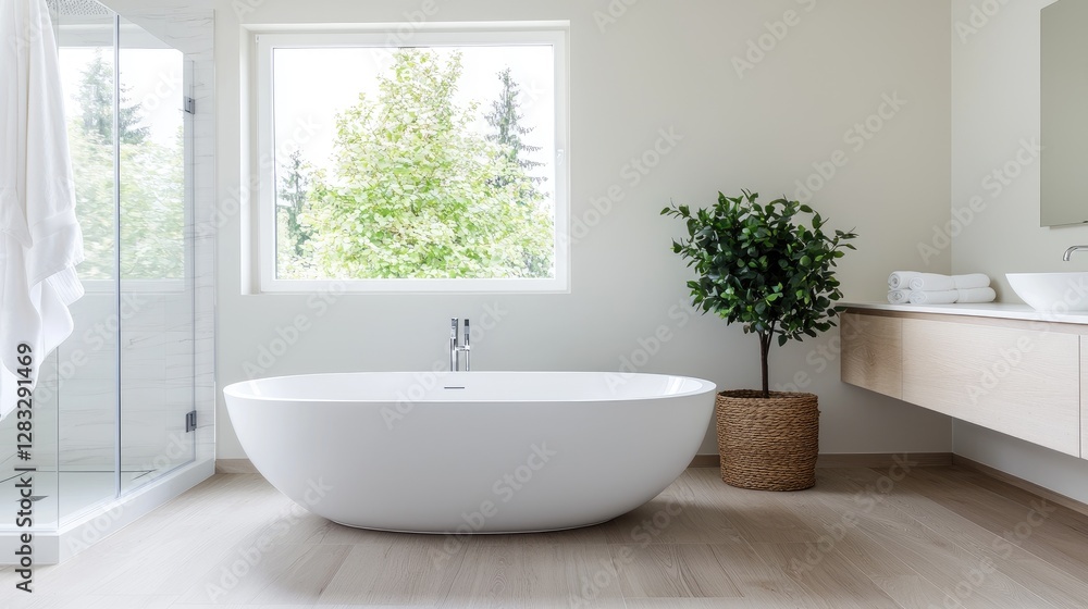 Modern Bathroom with View, Minimalist Design, Relaxation Space, Suitable for Interior Design Modern Bathroom with View, Minimalist Design, Relaxation Space, Suitable for Interior Design