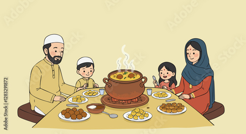 A family celebrates Eid al-Fitr with a feast. They are gathered around a table with a pot of biryani and desserts.