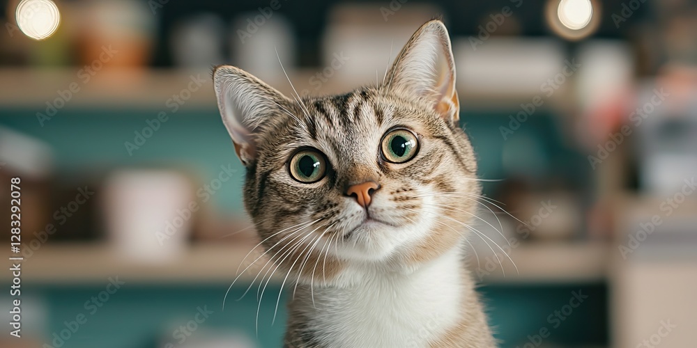 Naklejka premium A curious cat gazes intently, showcasing its striking green eyes against a softly blurred background.