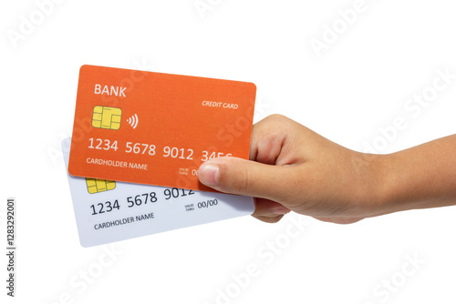 Kid Hand holding two credit card with white and orange color isolated on white background