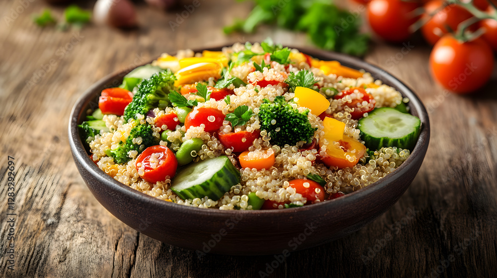 Vibrant Quinoa Dish with Fresh Vegetables and Herbs on Rustic Table Vibrant Quinoa Dish with Fresh Vegetables and Herbs on Rustic Table