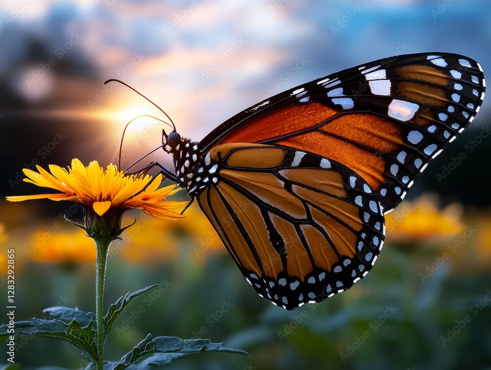 Obraz premium Monarch Butterfly Pollinating Yellow Flower Serene Meadow Nature Photography Warm Light Close-Up Beauty of Nature