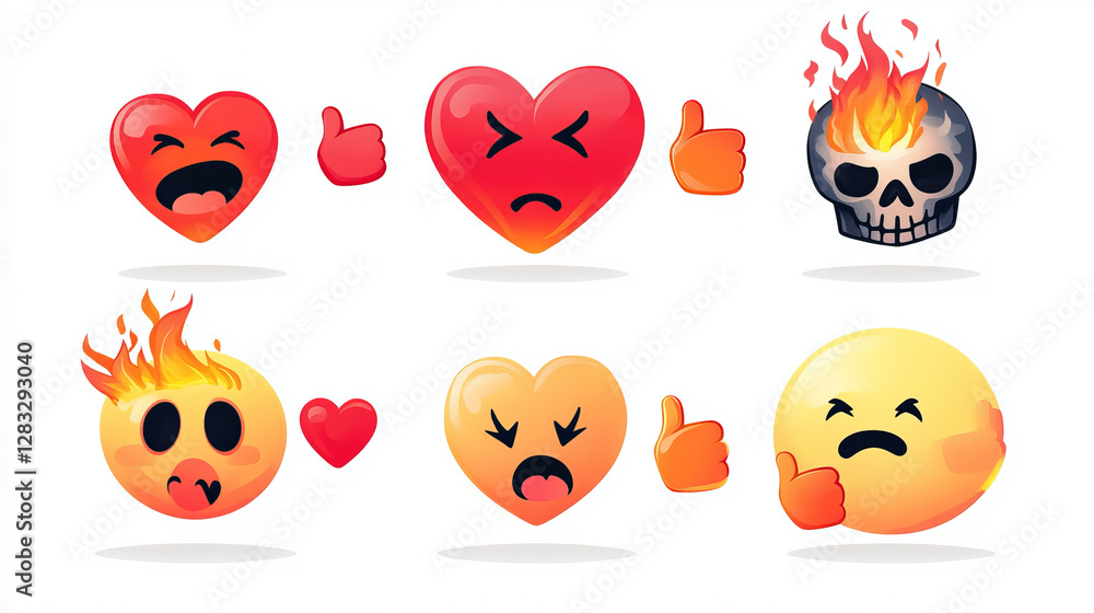 Social media reaction icons set - flowing hearts, flames, thumbs up, happy faces and skull, laughing and scare expressions. Floating cartoon symbols in vertical stream for digital engagement design. Social media reaction icons set - flowing hearts, flames, thumbs up, happy faces and skull, laughing and scare expressions. Floating cartoon symbols in vertical stream for digital engagement design.