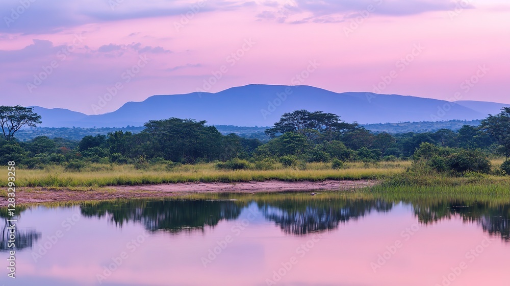 Fototapeta premium Serene landscape with a crystal-clear lake reflecting a mountain range at sunset, surrounded by a lush forest