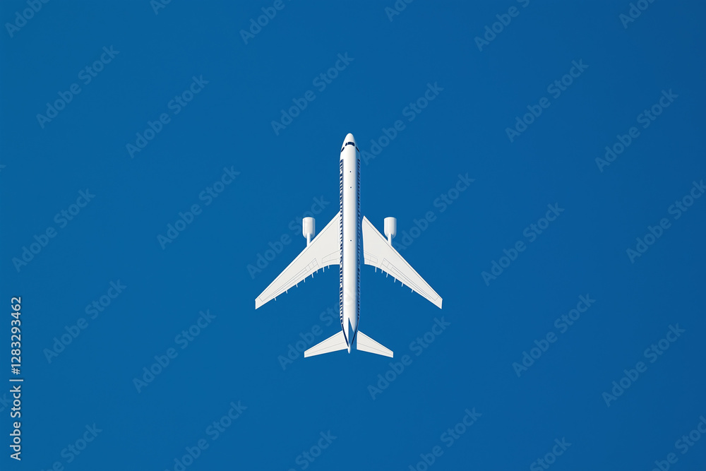 Fototapeta premium Soaring Above: A sleek, modern airplane gracefully glides through the clear, azure expanse, symbolizing travel and exploration. Capturing the feeling of freedom, travel, and adventure.