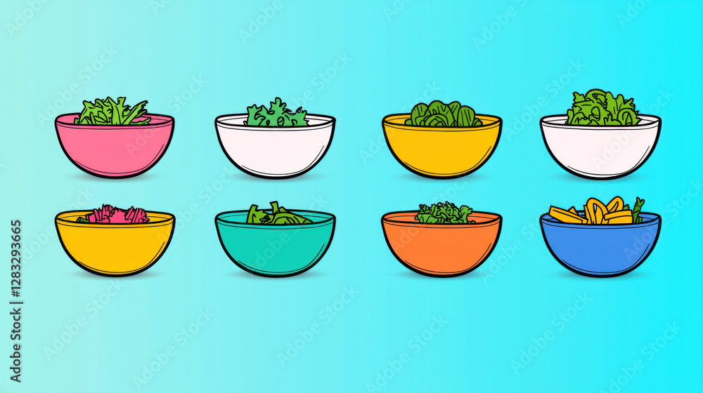 Low carb salad bowls illustration showcasing a flat design, suitable for culinary and health-related content. Low carb salad bowls illustration showcasing a flat design, suitable for culinary and health-related content.