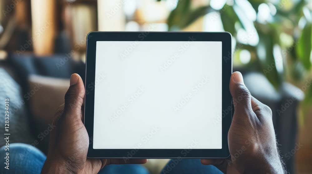Man hands with tablet computer with empty white screen. African american person hands hold and use digital device, smart gadget with blank touchscreen, 3d render illustration. 3D Illustration Man hands with tablet computer with empty white screen. African american person hands hold and use digital device, smart gadget with blank touchscreen, 3d render illustration. 3D Illustration