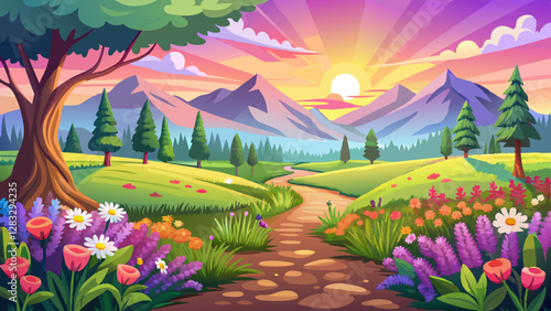 landscape with the blossoming meadow at sunrise