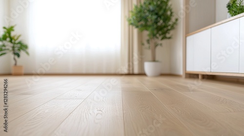 Wallpaper Mural A serene interior featuring light wood flooring, plants, and a white cabinet, illuminated by natural light through sheer curtains. Torontodigital.ca