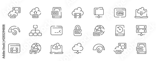 Vector icons of cloud computing and network services in line art style. Linear vector